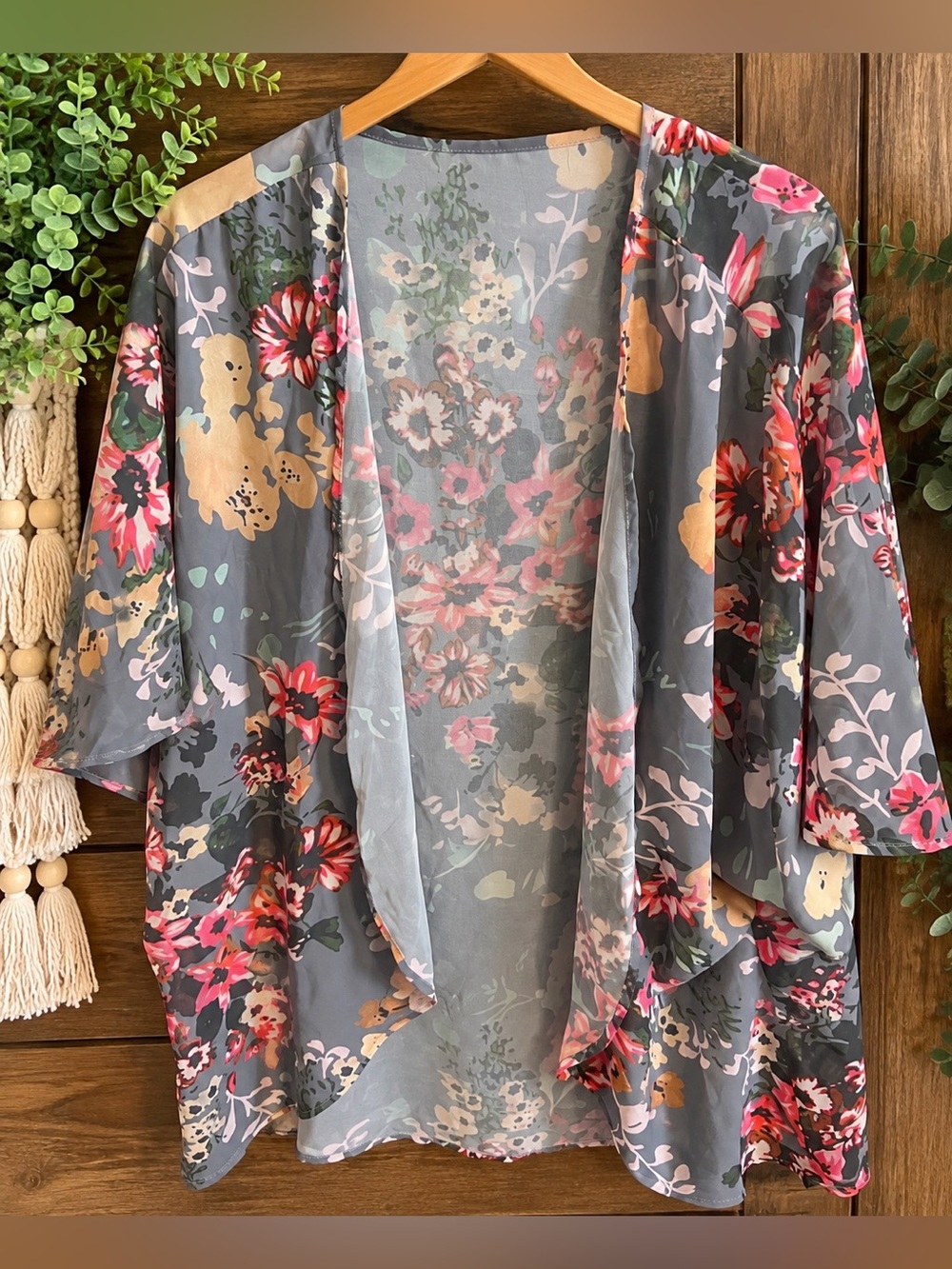 Women’s Floral Open-Front Kimono Jacket - Gray Multi
